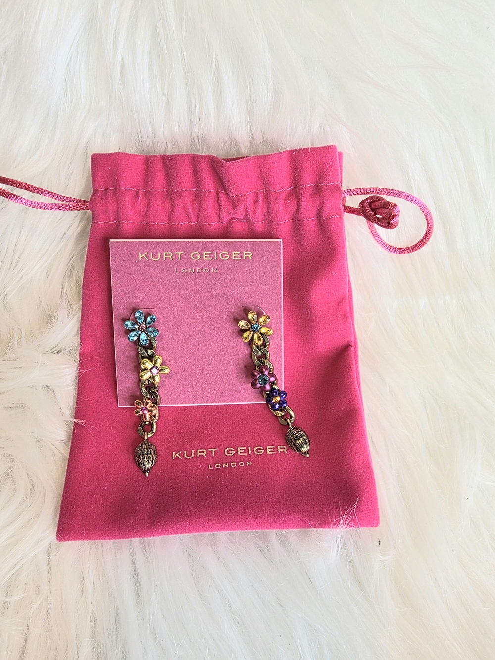 Kurt Geiger London Eagle Floral Mismatched Crystal Drop Earrings Retail $148